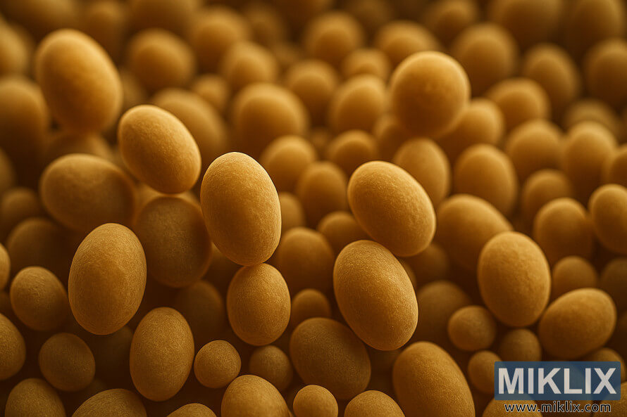 Mikroskopowy widok zdrowych, aktywnych komÃ³rek droÅ¼dÅ¼y lager ÅwiecÄcych w ciepÅym Åwietle.