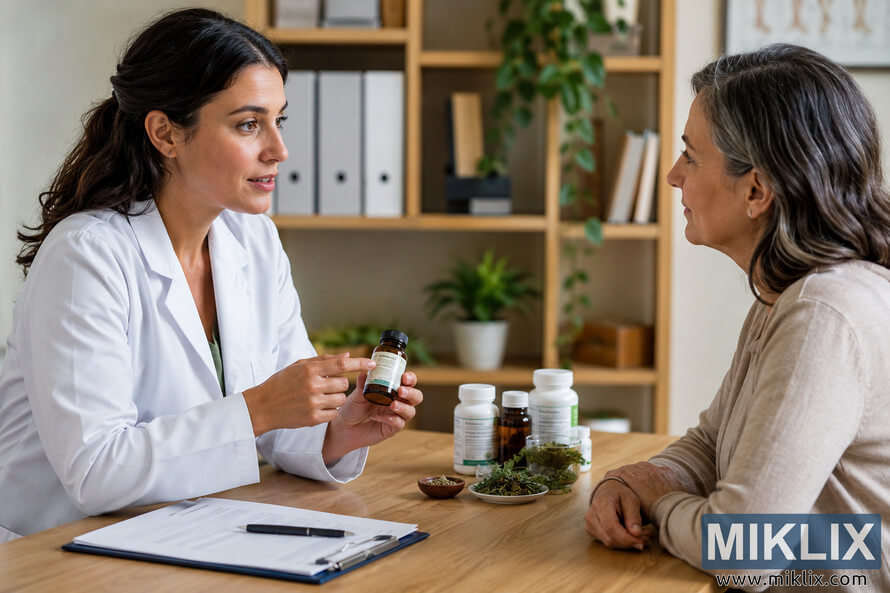 Female healthcare professional in a white coat discussing herbal supplements with a middle-aged patient across a wooden desk in a bright modern consultation room with natural plants and medicine bottles. Female healthcare professional in a white coat discussing herbal supplements with a middle-aged patient across a wooden desk in a bright modern consultation room with natural plants and medicine bottles.