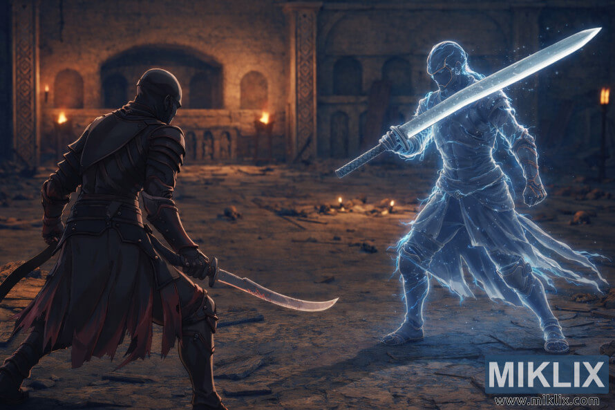 Anime-style fan art of the Tarnished in Black Knife armor facing a ghostly blue knight wielding a massive great katana inside the Eastern Nameless Mausoleum, just before combat. Anime-style fan art of the Tarnished in Black Knife armor facing a ghostly blue knight wielding a massive great katana inside the Eastern Nameless Mausoleum, just before combat.