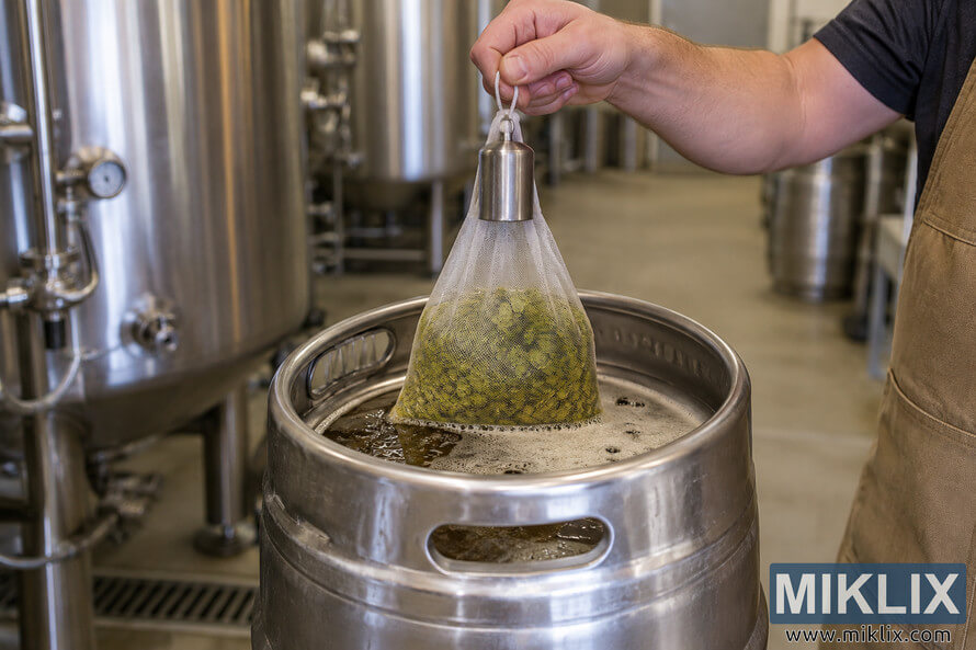 Brewery worker holding a weighted mesh bag filled with green hops over an open stainless-steel keg containing dark beer and foam, with fermentation tanks in the background. Brewery worker holding a weighted mesh bag filled with green hops over an open stainless-steel keg containing dark beer and foam, with fermentation tanks in the background.