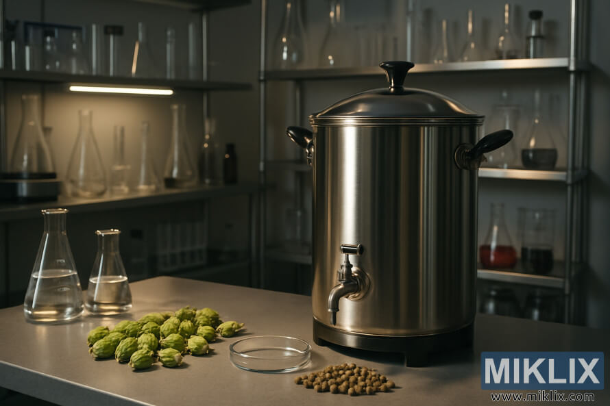 Dobre osvetlenÃ© pivovarnÃ­cke laboratÃ³rium s nerezovou varnou nÃ¡dobou na pracovnom stole s chmeÄ¾om a sklom.