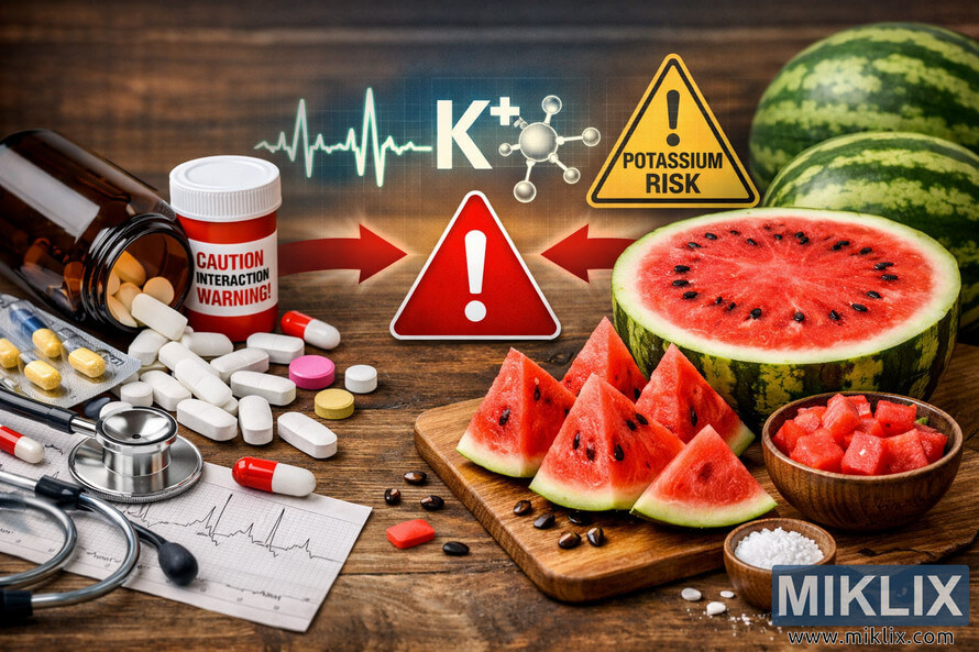 High-resolution landscape photo showing medications and watermelon with warning signs about potassium interaction. High-resolution landscape photo showing medications and watermelon with warning signs about potassium interaction.