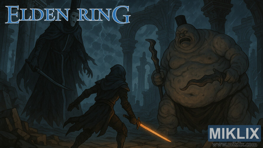 Anime-style fanart of a Black Knife–clad warrior facing the Godskin Duo in ancient ruins. Anime-style fanart of a Black Knife–clad warrior facing the Godskin Duo in ancient ruins.