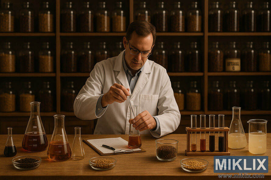 Pivovar v laboratorijskem plaÅ¡Äu meri sestavine za mizo s sladom in opremo. Pivovar v laboratorijskem plaÅ¡Äu meri sestavine za mizo s sladom in opremo.