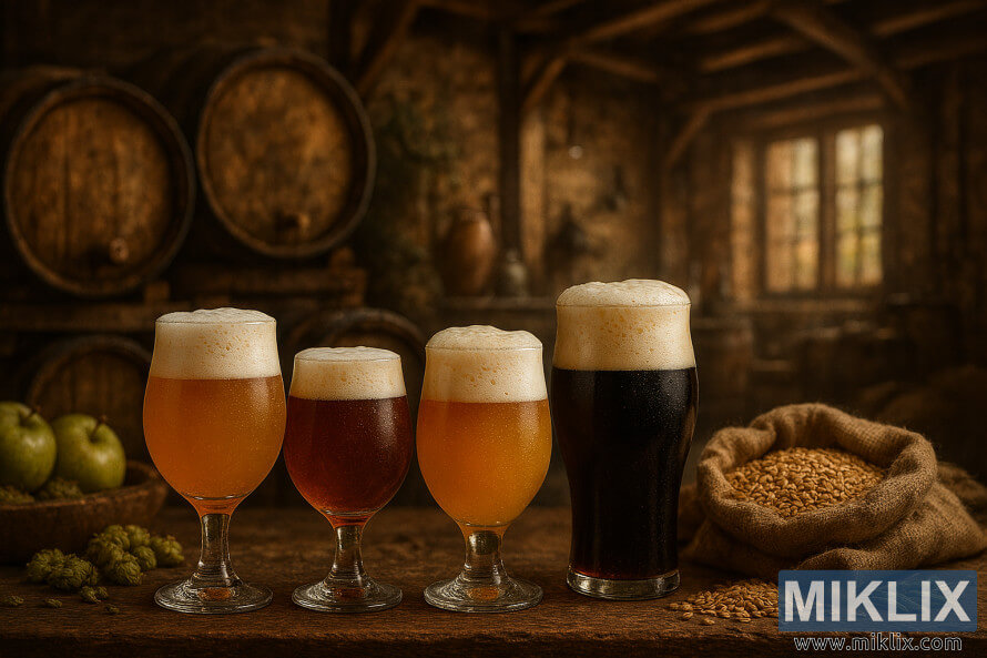 Rustic brewery scene with artisanal beers, aging barrels, hops, and malt bags in warm lighting