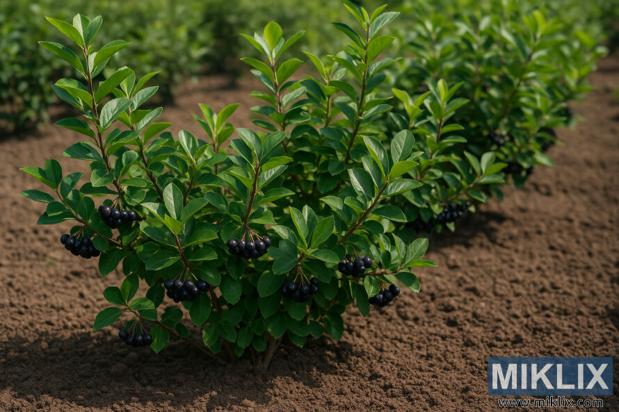 Aronia shrubs with green leaves and dark berries growing in neat rows on well-prepared soil in a garden.