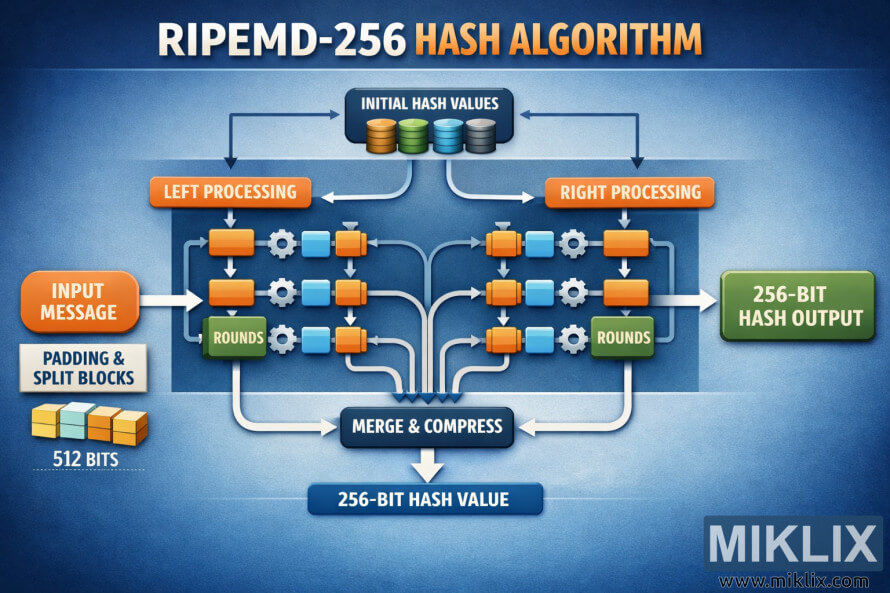 Infographic showing the RIPEMD-256 hash algorithm with input, padding, parallel left and right processing lanes, merge and compress stage, and final 256-bit hash output.