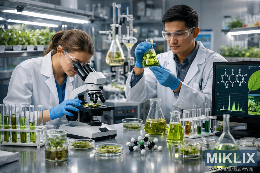 Two scientists in a modern laboratory studying plant compounds with microscopes, glassware, and hydroponic plants under bright lighting. Two scientists in a modern laboratory studying plant compounds with microscopes, glassware, and hydroponic plants under bright lighting.