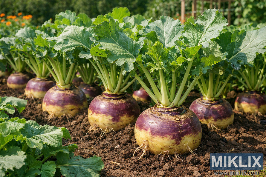 A lush home garden featuring rows of mature rutabaga plants with large green leaves and purple-yellow roots emerging from rich soil, ready for harvest under bright daylight. A lush home garden featuring rows of mature rutabaga plants with large green leaves and purple-yellow roots emerging from rich soil, ready for harvest under bright daylight.