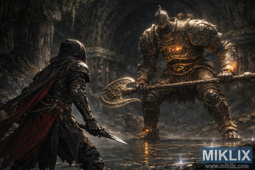 Rear view of a dark armored warrior facing a towering glowing stone golem inside a dim cavern with shallow water reflections.