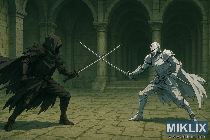 Cena de paisagem ao estilo anime de um guerreiro da Faca Negra a duelar com um Mimic Tear prateado dentro de um antigo salÃ£o de pedra.