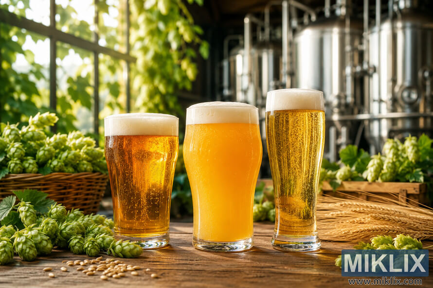 Three freshly poured craft beers—a pale ale, a hazy IPA, and a crisp pilsner—stand on a rustic wooden table surrounded by green hop cones and wheat grains inside a warmly lit brewery. Softly blurred brewing tanks and lush greenery in the background create an inviting artisanal atmosphere illuminated by natural sunlight. Three freshly poured craft beers—a pale ale, a hazy IPA, and a crisp pilsner—stand on a rustic wooden table surrounded by green hop cones and wheat grains inside a warmly lit brewery. Softly blurred brewing tanks and lush greenery in the background create an inviting artisanal atmosphere illuminated by natural sunlight.