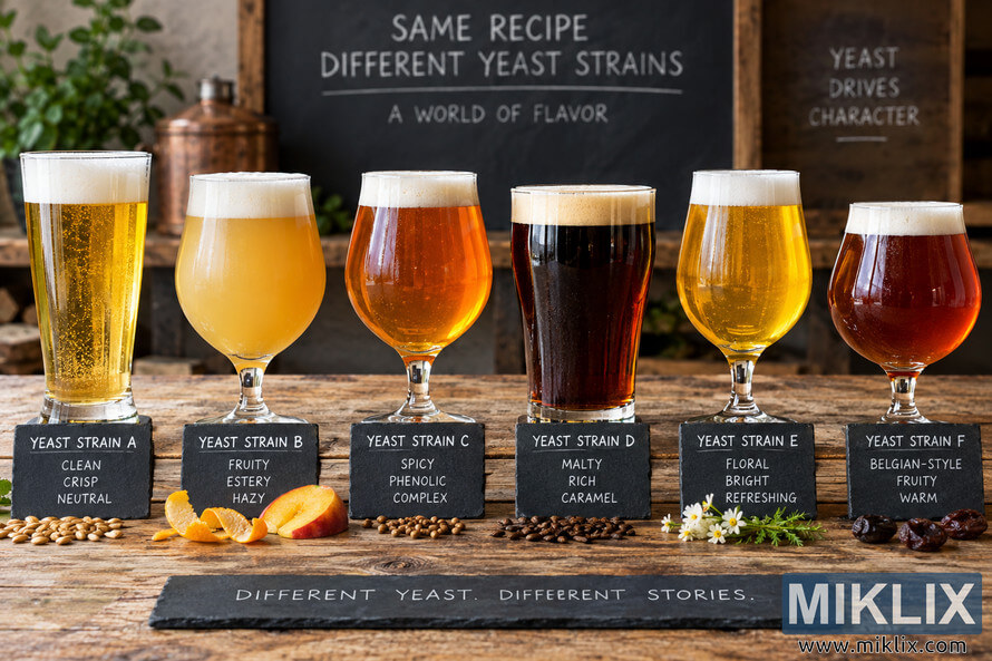 Six beers fermented with different yeast strains displayed side by side, ranging from clear golden and hazy yellow to amber and dark brown, with flavor labels.