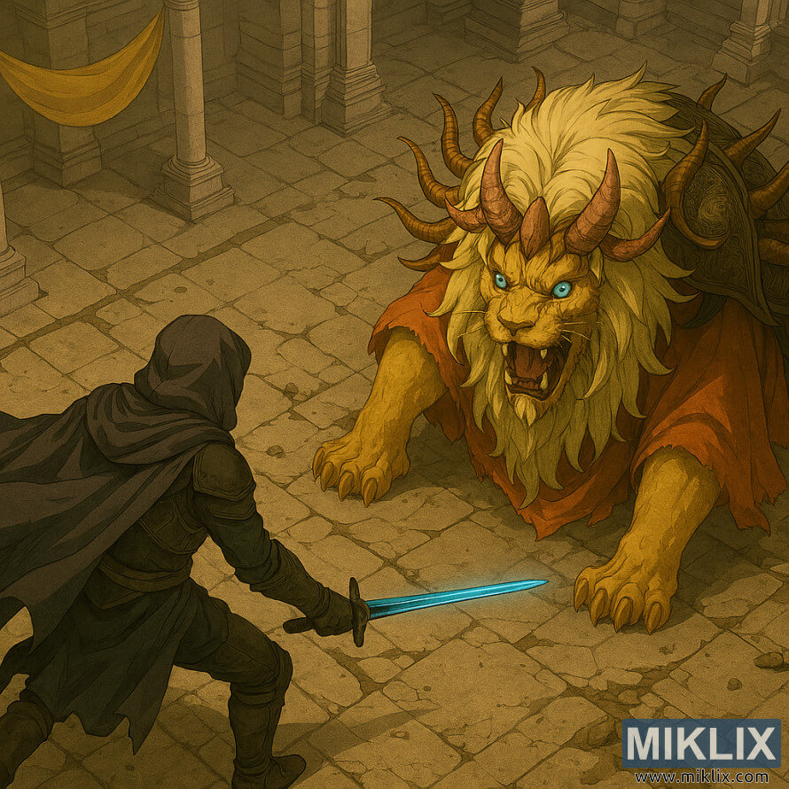 Ð¤ÐµÐ½ Ð°ÑÑ Ð² Ð°Ð½Ð¸Ð¼Ðµ ÑÑÐ¸Ð» Ð½Ð° Tarnished Ð¾Ñ Elden Ring, Ð²Ð¸Ð´ÑÐ½ Ð¾ÑÐ·Ð°Ð´, Ð±Ð¾ÑÐµÑ ÑÐµ Ñ Divine Beast Dancing Lion Ð² Ð´ÑÐµÐ²Ð½Ð° Ð·Ð°Ð»Ð°