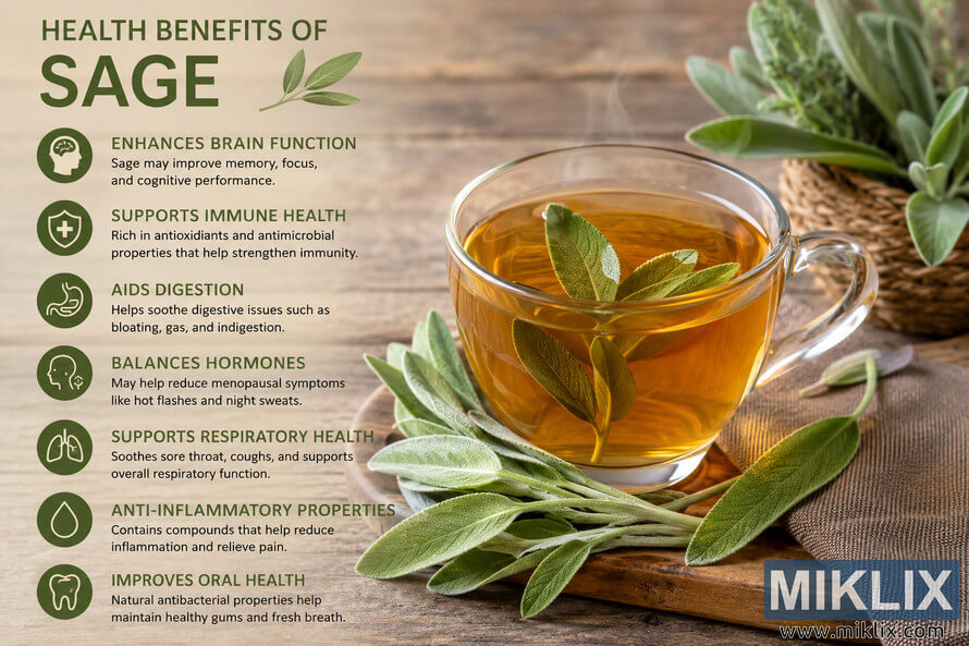 Landscape infographic-style image showing a steaming glass cup of sage tea surrounded by fresh sage leaves on a rustic wooden table. The left side contains illustrated text describing the health benefits of sage, including brain support, immune health, digestion, hormone balance, respiratory support, anti-inflammatory properties, and oral health benefits.