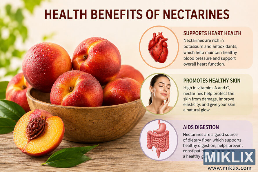 Landscape infographic showing fresh nectarines in a wooden bowl alongside illustrated icons of a heart, healthy skin, and the digestive system. The educational image explains the nutritional and wellness benefits of nectarines, including support for heart health, glowing skin, and healthy digestion. Landscape infographic showing fresh nectarines in a wooden bowl alongside illustrated icons of a heart, healthy skin, and the digestive system. The educational image explains the nutritional and wellness benefits of nectarines, including support for heart health, glowing skin, and healthy digestion.