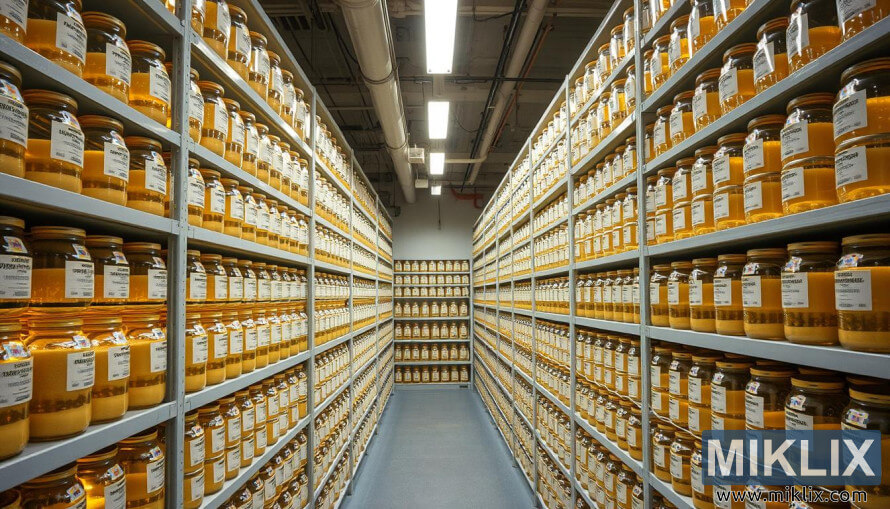 Adana da tsari mai kyau na kwalban yisti da aka yiwa lakabin a cikin dakin da ake sarrafa zafin jiki, mai haske.