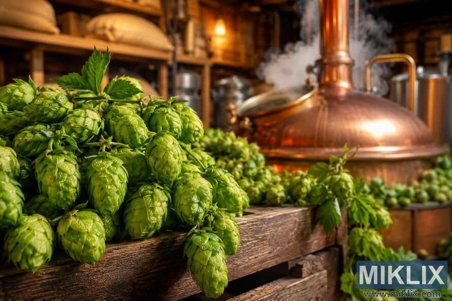 Close-up of freshly harvested green Herald hops covered with morning dew in a rustic wooden crate, with a gently steaming copper brewing kettle and a warmly lit brewery interior softly blurred in the background. Close-up of freshly harvested green Herald hops covered with morning dew in a rustic wooden crate, with a gently steaming copper brewing kettle and a warmly lit brewery interior softly blurred in the background.