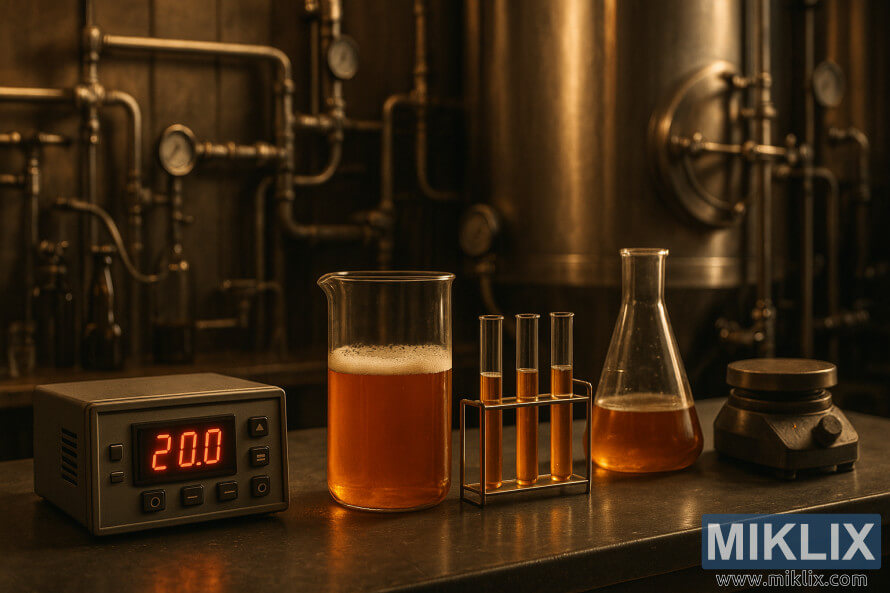 Laboratório de fabricação de cerveja com controle digital de temperatura, béqueres e tubos de ensaio ao lado de tanques de aço inoxidável sob luz quente e difusa. Laboratório de fabricação de cerveja com controle digital de temperatura, béqueres e tubos de ensaio ao lado de tanques de aço inoxidável sob luz quente e difusa.