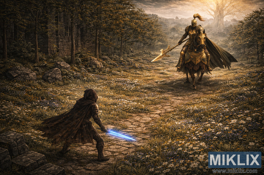 Wide fantasy scene showing the Tarnished with a glowing blue sword facing a towering Tree Sentinel on horseback wielding a golden halberd in a lush meadow.