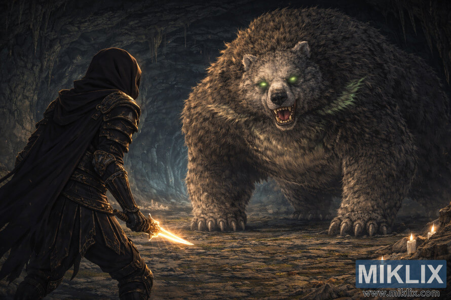 Adegan fantasi gelap bergaya anime yang menampilkan seorang prajurit berzirah berkerudung dilihat dari belakang, menghadapi seekor beruang raksasa bermata bercahaya di dalam gua remang-remang yang diterangi lilin sebelum pertempuran.