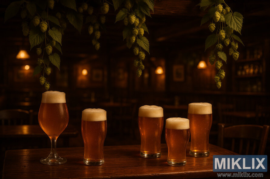 Cinq biÃ¨res dorÃ©es aux tÃªtes mousseuses sur une table de pub en bois sous des vignes de houblon en cascade dans un Ã©clairage ambrÃ© chaleureux.