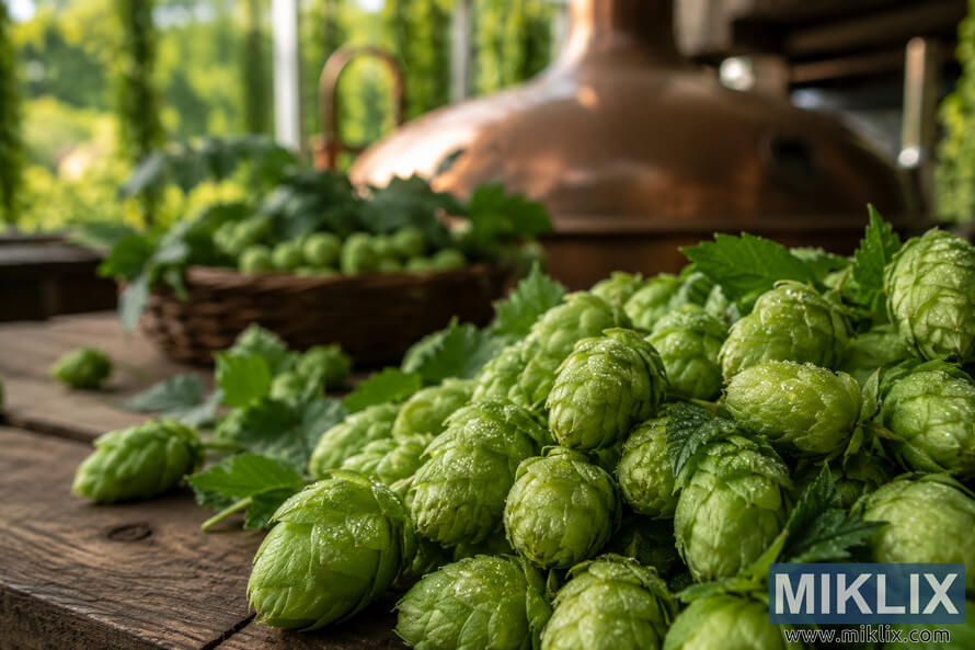 Close-up of freshly harvested Buket hops covered in dew on a rustic wooden table, with hop leaves and a softly blurred brewing kettle in the background under warm natural light.