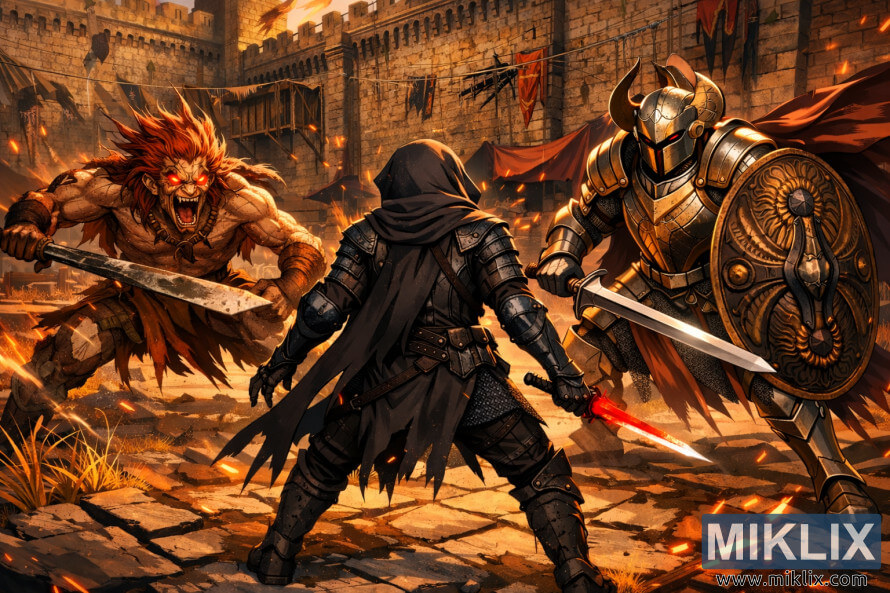 Anime-style illustration of the Tarnished in Black Knife armor facing the Misbegotten Warrior and a Crucible Knight with sword and shield in Redmane Castleâs burning courtyard.