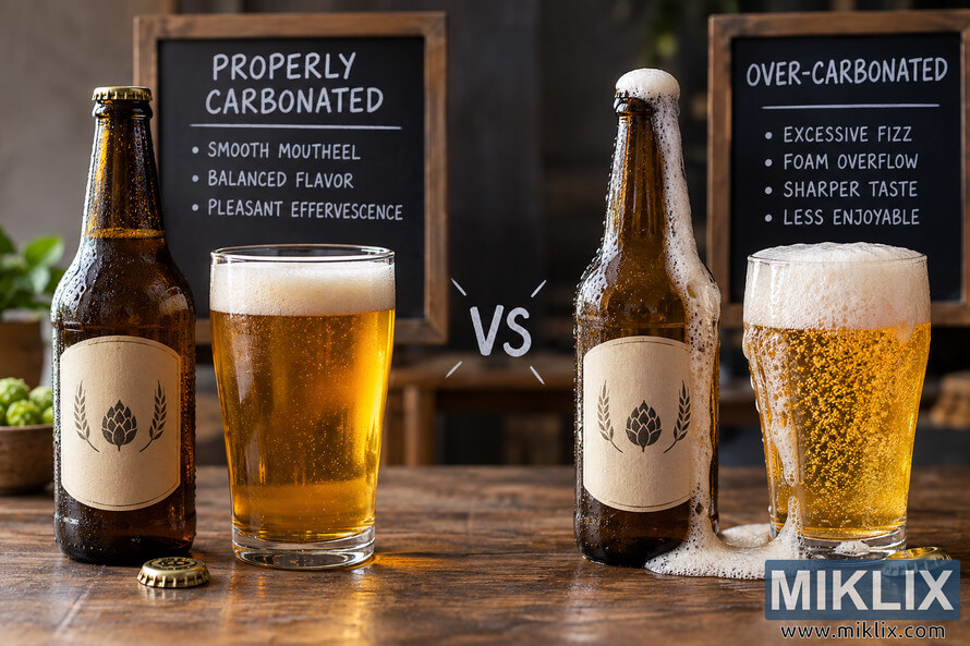 Side-by-side beer comparison showing a properly carbonated bottle and glass with balanced foam versus an over-carbonated bottle overflowing with foam beside a highly fizzy glass.