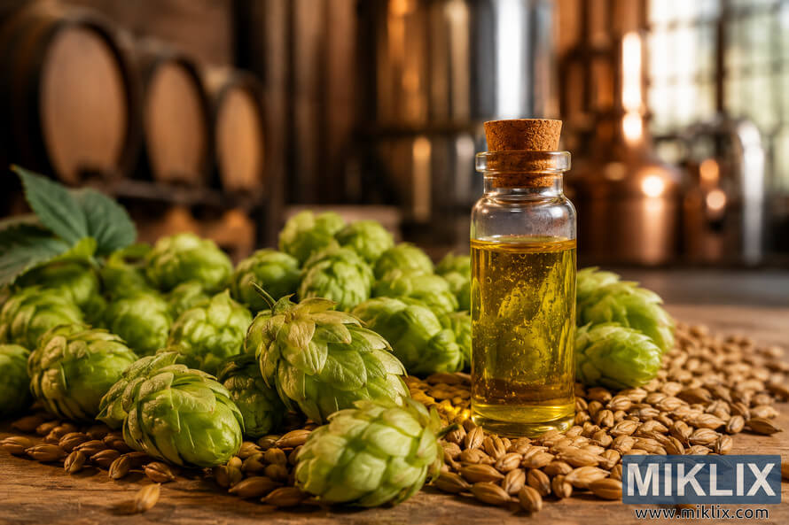 Fresh green Buket hop cones arranged among golden malt grains beside a glass vial of hop oil, with blurred brewery barrels and brewing equipment in the warm rustic background.