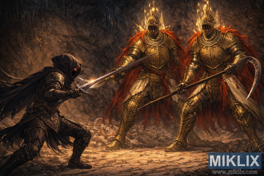 Anime-style fan art of the Tarnished in Black Knife armor fighting two equally tall Cleanrot Knights with spear and sickle inside the Abandoned Cave from Elden Ring. Anime-style fan art of the Tarnished in Black Knife armor fighting two equally tall Cleanrot Knights with spear and sickle inside the Abandoned Cave from Elden Ring.