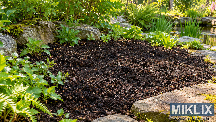 Sunlit garden bed of dark, freshly prepared soil bordered by mossy rocks, ferns, green plants, and a small pond. Sunlit garden bed of dark, freshly prepared soil bordered by mossy rocks, ferns, green plants, and a small pond.