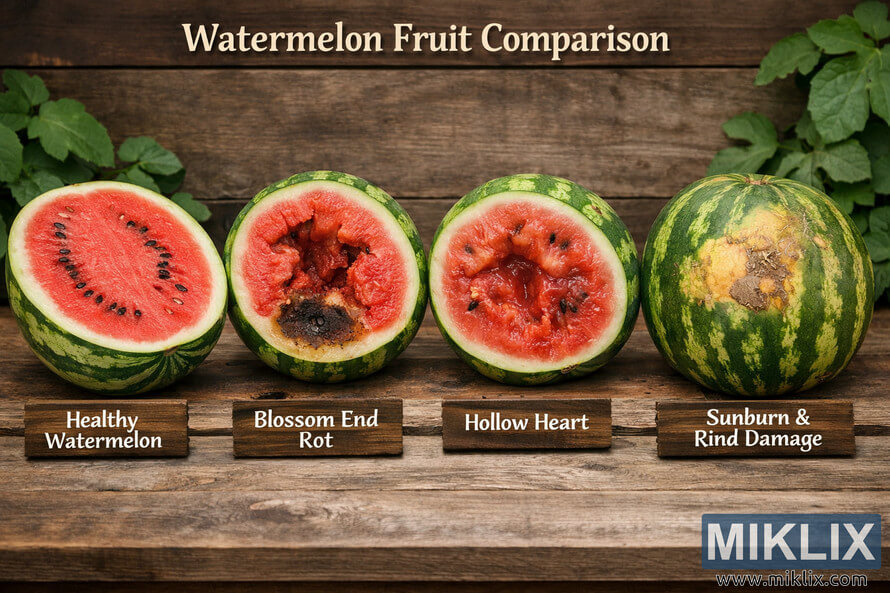 Side-by-side comparison of healthy watermelon and fruits with blossom end rot, hollow heart, and sunburn rind damage on a rustic wooden table Side-by-side comparison of healthy watermelon and fruits with blossom end rot, hollow heart, and sunburn rind damage on a rustic wooden table