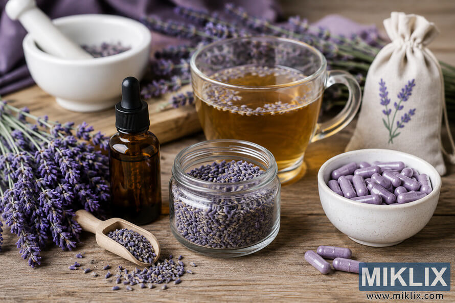 A calming rustic arrangement of lavender wellness products including dried lavender bundles, herbal tea in a glass cup, essential oil in an amber dropper bottle, loose lavender buds in a glass jar, and lavender-colored supplement capsules displayed on a wooden table under warm natural lighting.