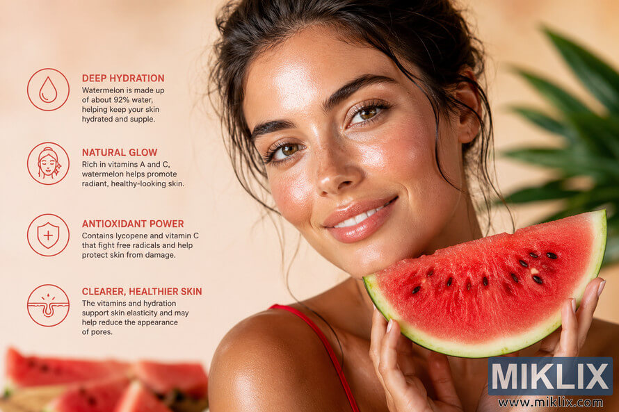 A smiling woman with radiant, glowing skin holds a fresh slice of watermelon against a warm, softly lit background. Informational icons and text emphasize hydration, vitamins, antioxidants, and healthy-looking skin, creating a clean wellness-themed composition. A smiling woman with radiant, glowing skin holds a fresh slice of watermelon against a warm, softly lit background. Informational icons and text emphasize hydration, vitamins, antioxidants, and healthy-looking skin, creating a clean wellness-themed composition.