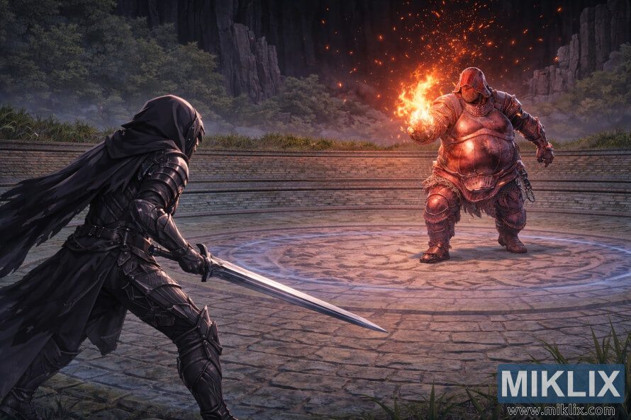 Fan art ao estilo anime mostrando uma vista ampla do Maculado a empunhar uma espada Ã  esquerda, virado para Adan, LadrÃ£o de Fogo, atravÃ©s de uma arena circular de pedra na Evergaol do Malfeitor.