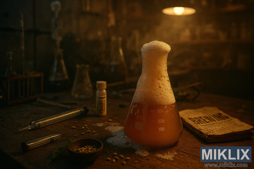 An Erlenmeyer flask overflows with foamy fermentation on a dimly lit wooden lab bench, surrounded by a hydrometer, yeast vial, and a worn brewing manual. An Erlenmeyer flask overflows with foamy fermentation on a dimly lit wooden lab bench, surrounded by a hydrometer, yeast vial, and a worn brewing manual.