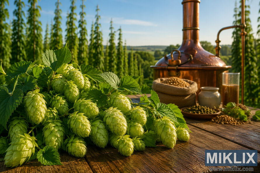 Close-up landscape view of freshly harvested Herald hops covered with morning dew on a rustic wooden table beside a copper brewing kettle, malt and yeast ingredients, with a vibrant hop field stretching into the distance beneath a clear blue sky. Close-up landscape view of freshly harvested Herald hops covered with morning dew on a rustic wooden table beside a copper brewing kettle, malt and yeast ingredients, with a vibrant hop field stretching into the distance beneath a clear blue sky.
