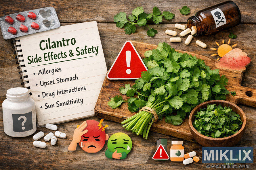 Conceptual photo on a rustic wooden surface showing fresh cilantro on a cutting board beside a red triangular warning sign, a notepad titled "Cilantro Side Effects & Safety" listing allergies, upset stomach, drug interactions, and sun sensitivity, generic pill bottles and blister packs, a skull-and-crossbones amber bottle spilling capsules, and illustrated icons of a distressed face and queasy stomach to represent possible side effects and safety concerns. Conceptual photo on a rustic wooden surface showing fresh cilantro on a cutting board beside a red triangular warning sign, a notepad titled "Cilantro Side Effects & Safety" listing allergies, upset stomach, drug interactions, and sun sensitivity, generic pill bottles and blister packs, a skull-and-crossbones amber bottle spilling capsules, and illustrated icons of a distressed face and queasy stomach to represent possible side effects and safety concerns.