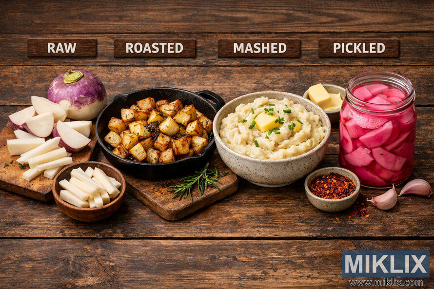 Landscape food photograph showing four different turnip cooking methods—raw, roasted, mashed, and pickled—arranged side by side on a rustic wooden table with labeled sections. Landscape food photograph showing four different turnip cooking methods—raw, roasted, mashed, and pickled—arranged side by side on a rustic wooden table with labeled sections.