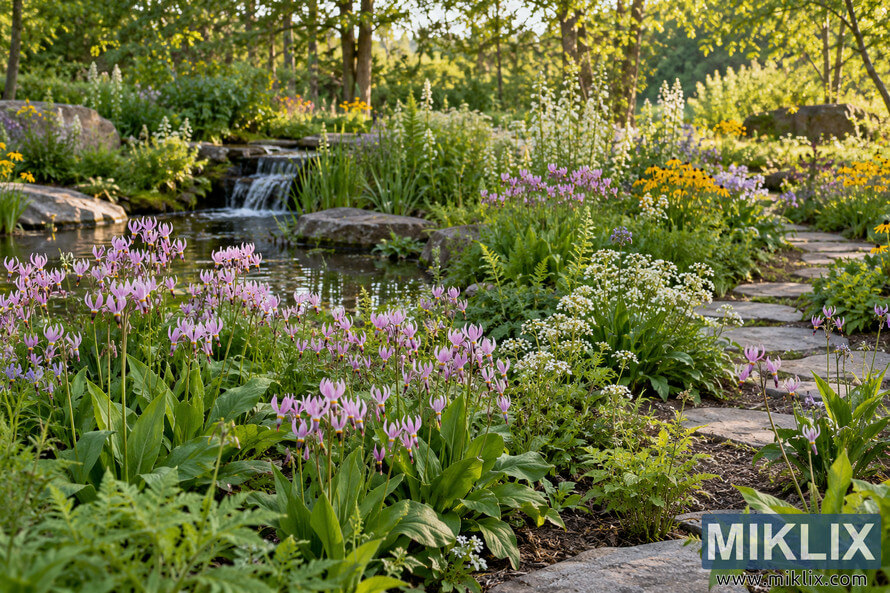 Naturalistic garden filled with pink Eastern shooting star-like flowers, white and yellow blooms, ferns, a stone-edged pond, small waterfall, and winding path.
