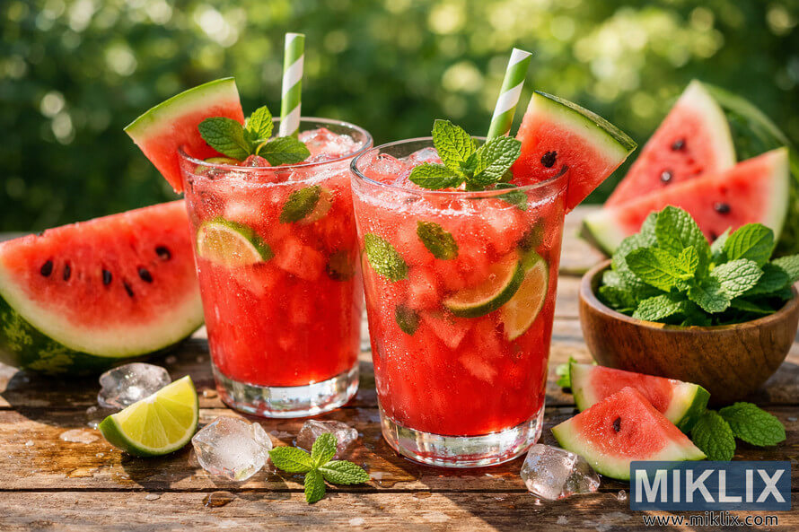 Two tall glasses of watermelon mint drink with lime slices, mint leaves, and watermelon wedges on a rustic wooden table outdoors in bright sunlight. Two tall glasses of watermelon mint drink with lime slices, mint leaves, and watermelon wedges on a rustic wooden table outdoors in bright sunlight.
