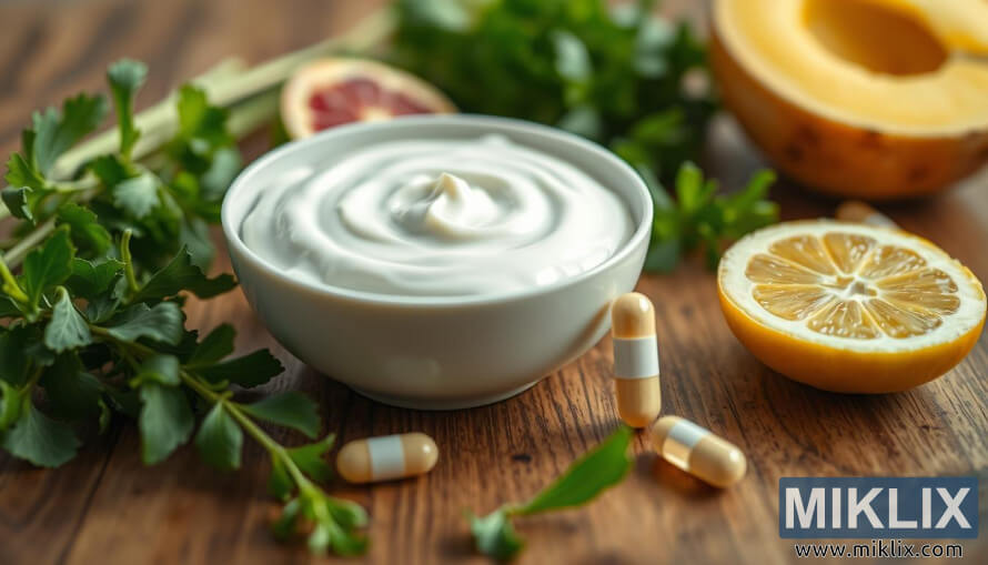 Yogurt bowl with fruits, herbs, and a probiotic capsule on a wooden table.