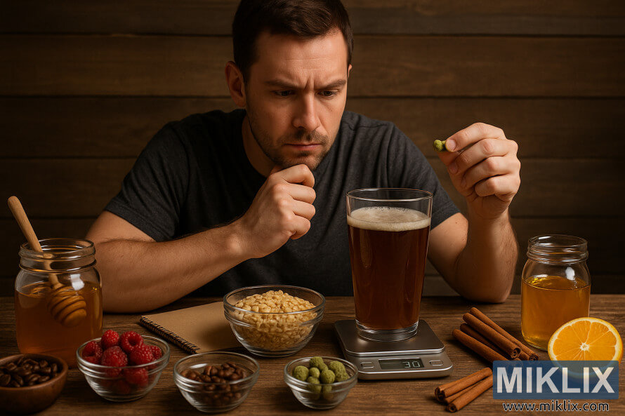 Hjemmebrygger planlegger en øloppskrift, undersøker en humlepellet ved et bord med tillegg. Hjemmebrygger planlegger en øloppskrift, undersøker en humlepellet ved et bord med tillegg.