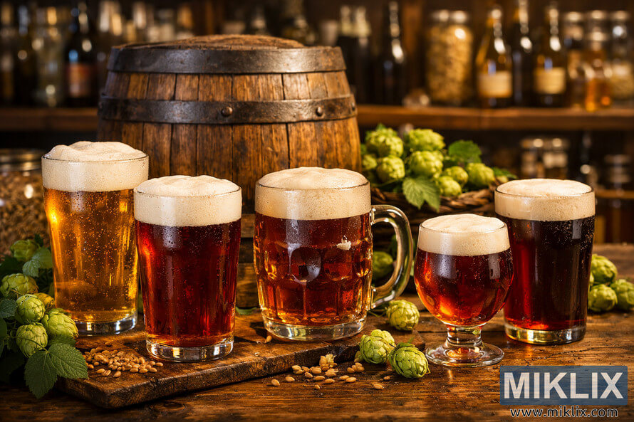 Glasses of pale ale and bitter with frothy heads on a wooden table, surrounded by hops and a fermentation barrel in a warmly lit brewery setting.