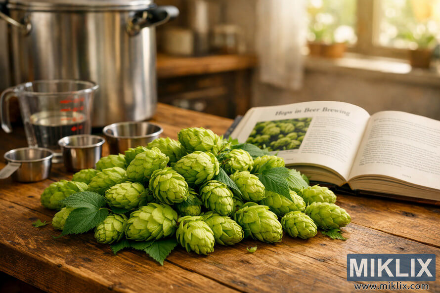 Close-up of vibrant green Tolhurst hops on a wooden kitchen table with a stainless steel kettle, measuring cups, and an open brewing recipe book in warm natural light.