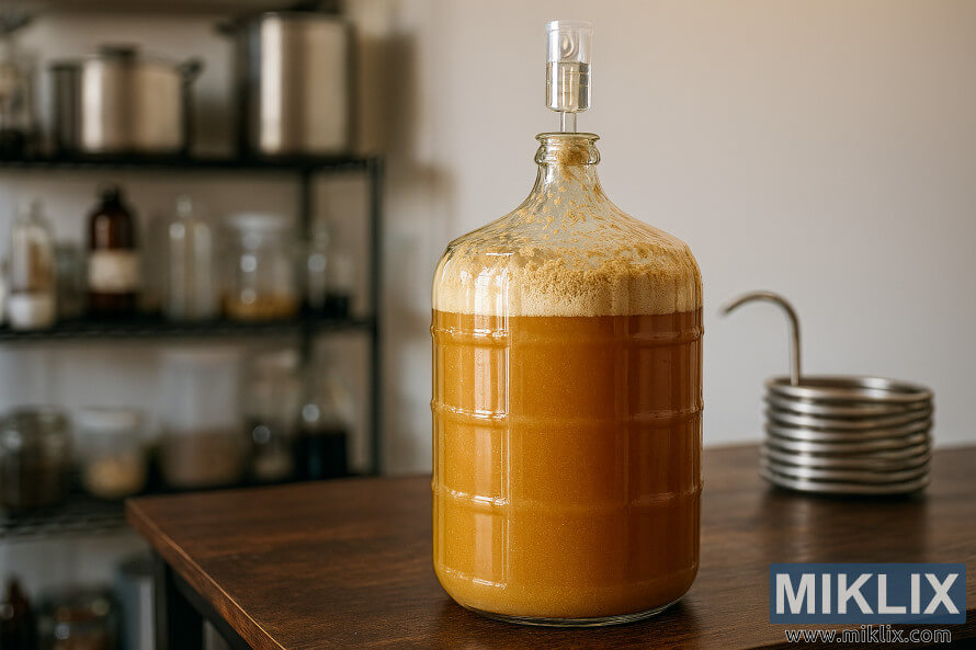 Carboy kaca fermentasi IPA ing meja kayu ing persiyapan homebrewing