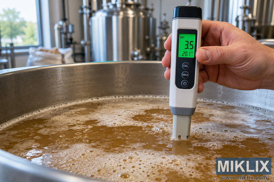 Hand holding a digital pH meter reading 3.5 in foamy brown liquid inside a stainless-steel vessel, with processing tanks blurred behind. Hand holding a digital pH meter reading 3.5 in foamy brown liquid inside a stainless-steel vessel, with processing tanks blurred behind.