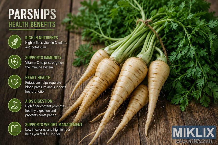 Fresh parsnips with leafy green tops are arranged on a rustic wooden table beside a clean infographic highlighting key health benefits, including nutrients, immunity support, heart health, digestion, and weight management. Fresh parsnips with leafy green tops are arranged on a rustic wooden table beside a clean infographic highlighting key health benefits, including nutrients, immunity support, heart health, digestion, and weight management.