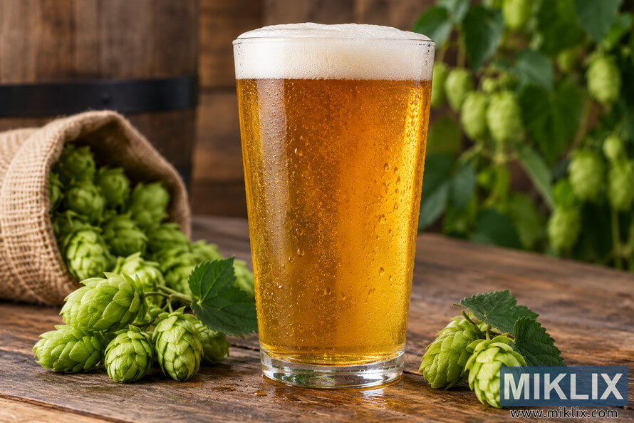 Cold golden pale ale with a foamy white head in an unbranded pint glass, surrounded by fresh green hop cones, a burlap sack, a wooden barrel, and softly blurred hop vines on a rustic wooden table. Cold golden pale ale with a foamy white head in an unbranded pint glass, surrounded by fresh green hop cones, a burlap sack, a wooden barrel, and softly blurred hop vines on a rustic wooden table.